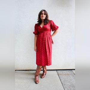 Vintage 1960s Red & Gray Midi Print Dress with V Neck Bust Line and Puff Sleeves